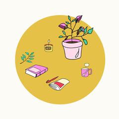 Flower in a pot, books, laptop, chair, kettle, coffee pot, mugs, Slippers, jam. Quarantine positive doodle icons, home elements. Cute vector hand drawn doodle set about Stay Home, work in home. 	