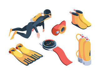 Diving isometric. Aquatic sport symbols scuba flippers underwater diving cylinders and professional costumes garish vector divers. Illustration isometric scuba equipment, oxygen to swimming underwater © ONYXprj