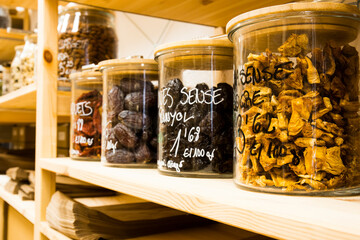 Self service bulk organic food. Eco-friendly zero waste shop. Small local business. Dehydrated mangoand figs