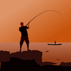 silhouette of a fisherman with rod