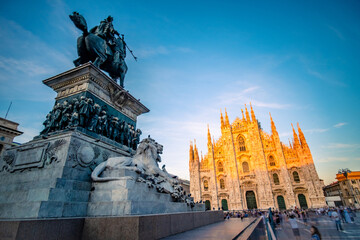 Monument to king Vittorio Emanuele II looking on Milan Dome