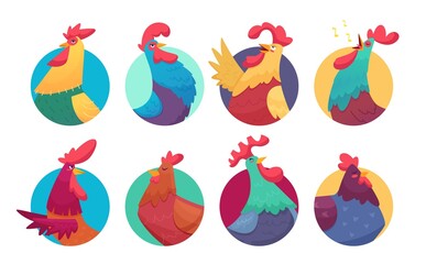 Rooster avatars. Cartoon chicken and roosters, colorful farm birds stickers vector set. Illustration rooster avatar, chicken animal color © ONYXprj