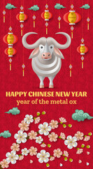 Happy Chinese New Year background with creative white metal ox, hanging lanterns