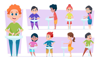 Kids hygiene. Happy little children washing hands cleaning body in water exact vector characters set. Children antibacterial washing and cleaning illustration