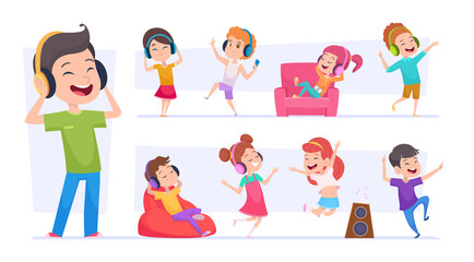 Fototapeta premium Kids music. Little happy children relaxing and listen sound in headphones exact vector teens. Illustration girl and boy listen music, cartoon children fun
