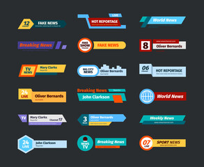 Breaking news banners. Headers text for hot news and sport broadcast communication garish vector shapes design. Hot breaking news, report headline tv illustration