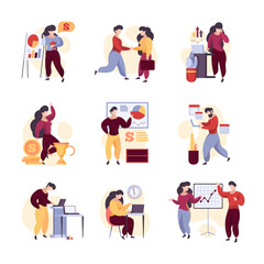 Business scenes. Office characters managers communication people talking working garish vector illustrations. Illustration business work office, communication professional teamwork