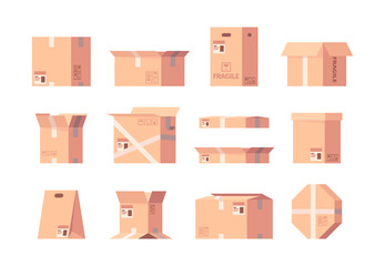 Delivery boxes. Cardboard containers cargo boxes in flat style garish vector postal symbols. Container delivery box, package cardboard transportation illustration