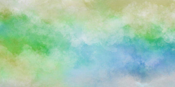 Beautiful watercolor white green and blue splashed background, cloudy spring sky paper © Ivana