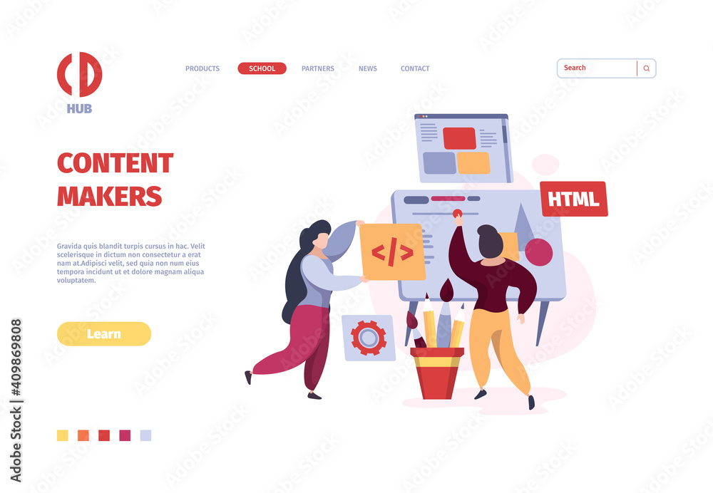Poster Programmers landing. Coders and web designers working freelancer persons garish vector template. Illustration programmer freelancer, workplace geek coding