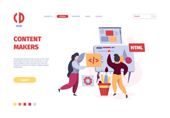 Programmers landing. Coders and web designers working freelancer persons garish vector template. Illustration programmer freelancer, workplace geek coding