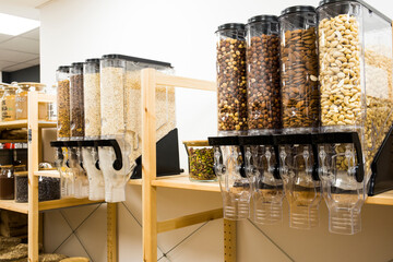 Self service bulk organic food. Eco-friendly zero waste shop. Small local business. Cashew nuts, almonds, roasted bold hazelnut and raw bold hazelnut