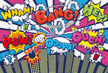 コミックアート風の吹き出しがある都市の背景素材