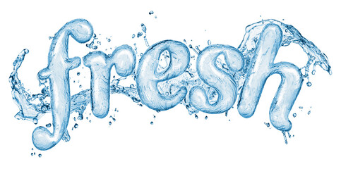 Water splashes word “fresh” isolated on white background. Abstract liquid word.