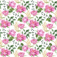 seamless pattern flowers watercolor tender pink peonies, floral background hand painted on a white background. for wedding invitations, decor and design