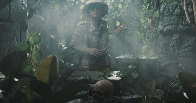 Explorer finding ancient ruins in the forest