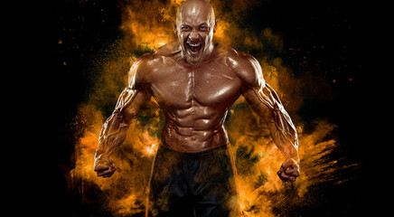 Bodybuilder athlete. Bodybuilding competitions on the scene. Handsome and fit man sportsmen...