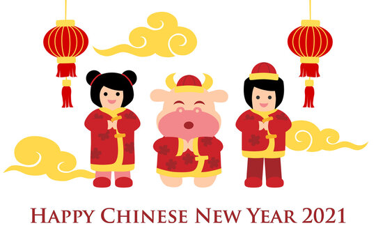 Chinese new year card with boy, girl and ox - colorful