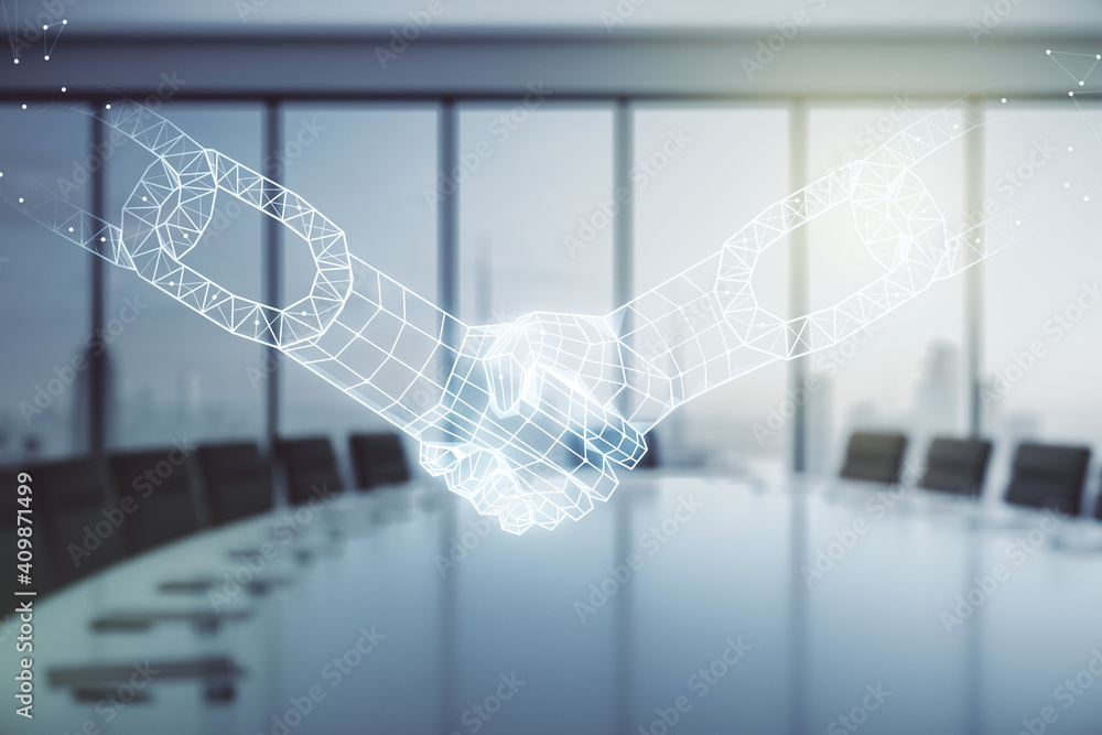 Poster double exposure of abstract virtual blockchain technology hologram with handshake on a modern meetin