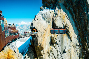 Footbridge on Aiguille du Midi in Alps - obrazy, fototapety, plakaty