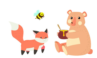 fox and bear. forest animal. cute child illustration. stock vector illustration isolated on white background. 