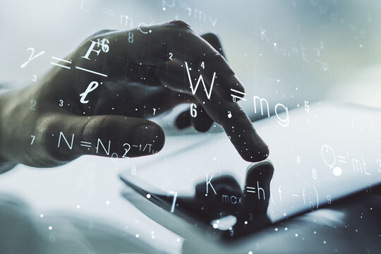 Creative scientific formula concept with finger clicks on a digital tablet on background. Multiexposure - Powered by Adobe