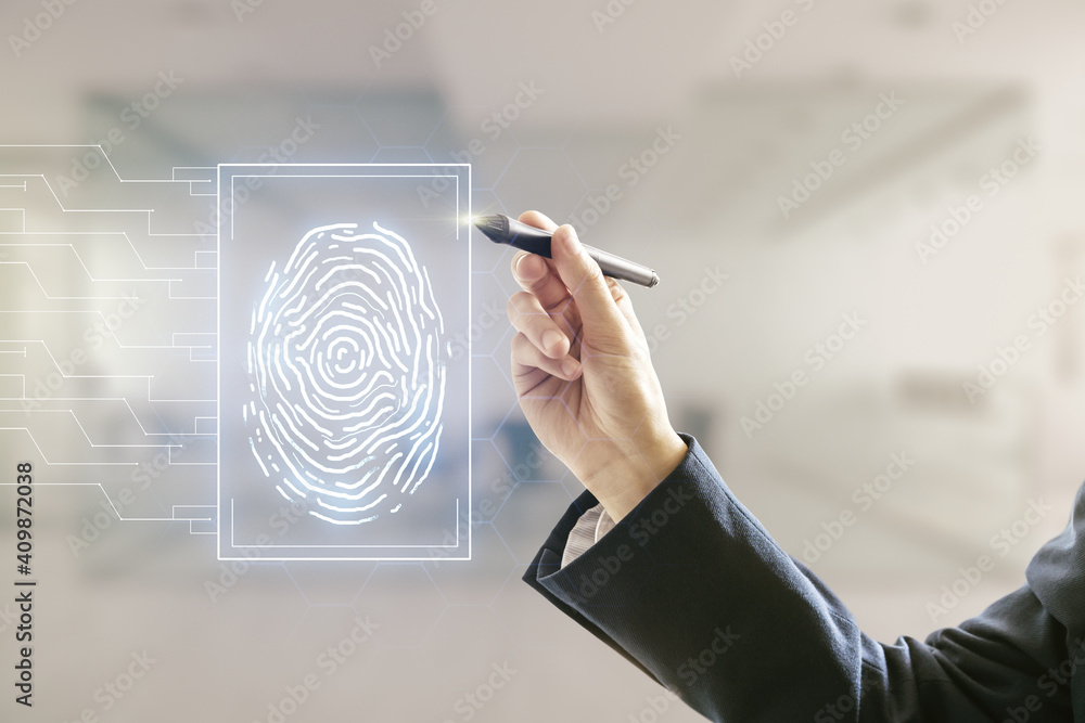 Aufkleber man hand with pen working with abstract virtual fingerprint illustration on blurred office backgroun