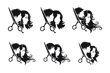 Hairdresser logo, Beauty salon logo with man and woman silhouettes, vector illustration.