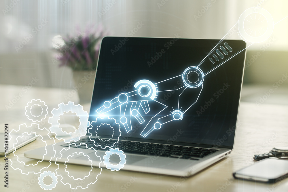 Aufkleber creative abstract robotics technology sketch on modern laptop background, future technology and ai c