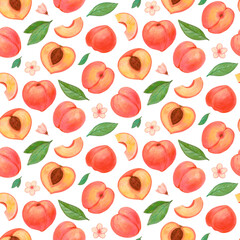 Peach hand drawing with crayons. Cute Seamless pattern.