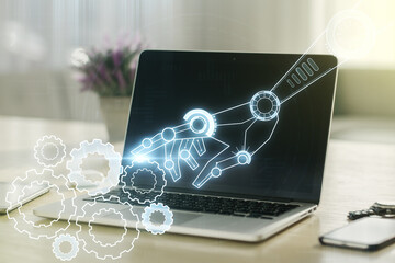Fototapeta premium Creative abstract robotics technology sketch on modern laptop background, future technology and AI concept. Double exposure