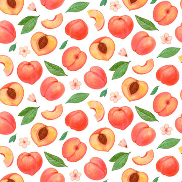 Peach hand drawing with crayons. Cute Seamless pattern.