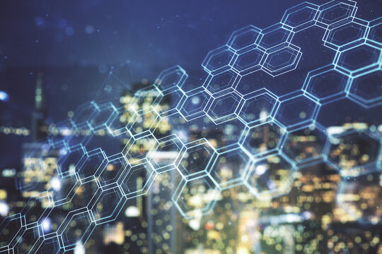 Abstract virtual wireless technology hologram with hexagon on blurry skyline background. Big data and database concept. Multiexposure