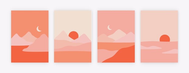 Abstract landscape backgrounds. Contemporary wall decor, mountains sun moon boho posters. Minimal vector art print wallpapers pastel colors