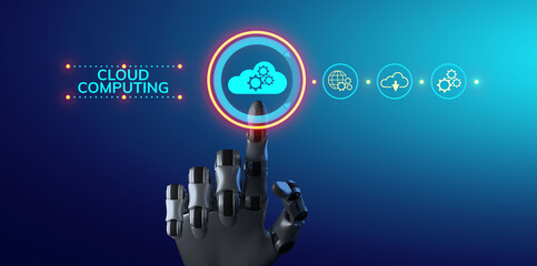 Cloud computing technology data storage. ICT information technology concept. Robotic arm 3d rendering.