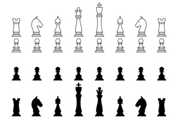 Chess pieces in outline and silhouette style. Set for a board game of chess. Vector icons isolated on white.