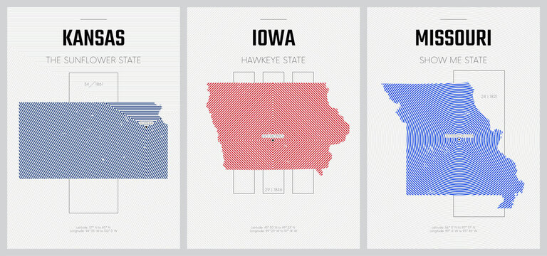 Vector posters detailed silhouettes maps of the states of America with abstract linear pattern, Division West North Central - Kansas, Iowa, Missouri - set 6 of 17