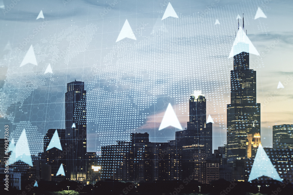 Poster abstract virtual geolocations map hologram on chicago skyline background. gps tracking and navigatio