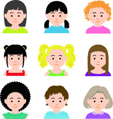 色々な髪型をした女の子のカラーアイコン