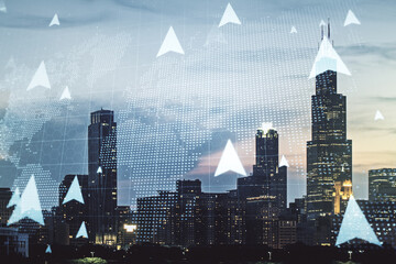 Abstract virtual geolocations map hologram on Chicago skyline background. GPS tracking and...