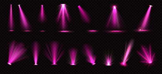 Pink light beams from spotlights and floor projectors isolated on transparent background. Vector realistic set of bright rays with glitter for illumination show, concert, theater stage or podium - obrazy, fototapety, plakaty