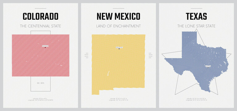 Vector posters detailed silhouettes maps of the states of America with abstract linear pattern, Division Mountain and West South Central - Colorado, New Mexico, Texas - set 13 of 17