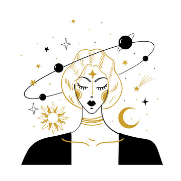 Mystical Hand Drawing In Vintage Style. Portrait Of A Girl With Flying Stars And Planets Around. The Concept Of Meditation And Balance, Spiritual Calmness. Vector Illustration Isolated On White