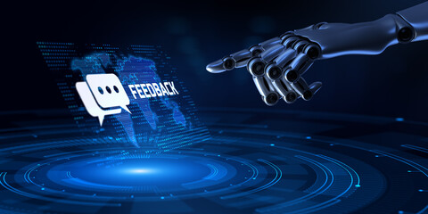 Feedback customer satisfaction review. Robotic hand pressing button 3d render.