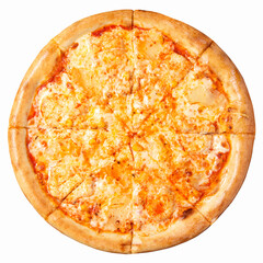 Hawaiian pizza top view isolated in white background