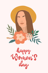 Cute hand lettering quote 'Happy Women's day' decorated with abstract illustration of woman with flowers on white background. Good for prints, posters, invitations, cards, etc.