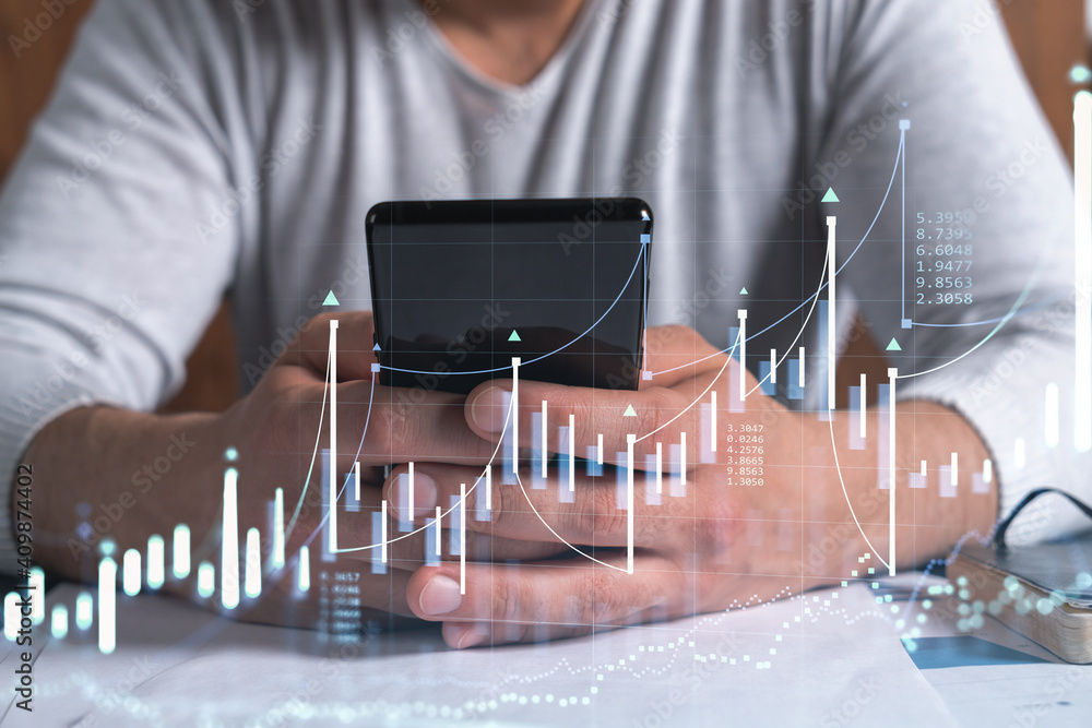Poster trader holding in the hands a smart phone and researching stock market to proceed right investment s