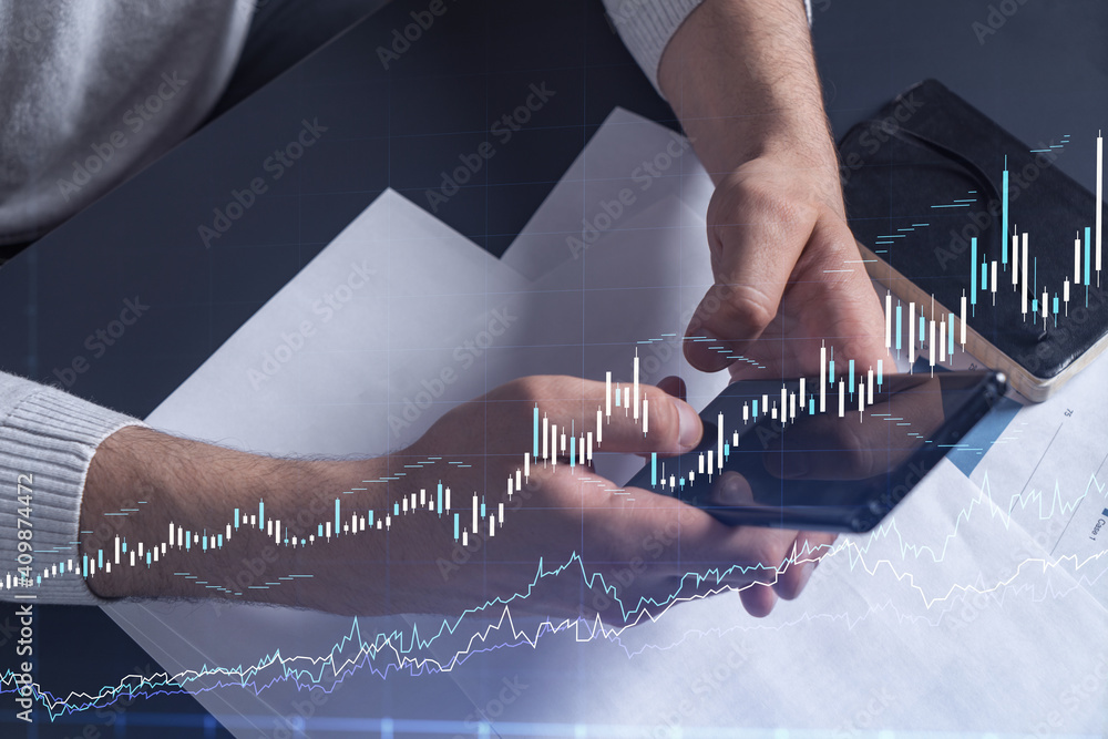Poster trader holding in the hands a smart phone and researching stock market to proceed right investment s
