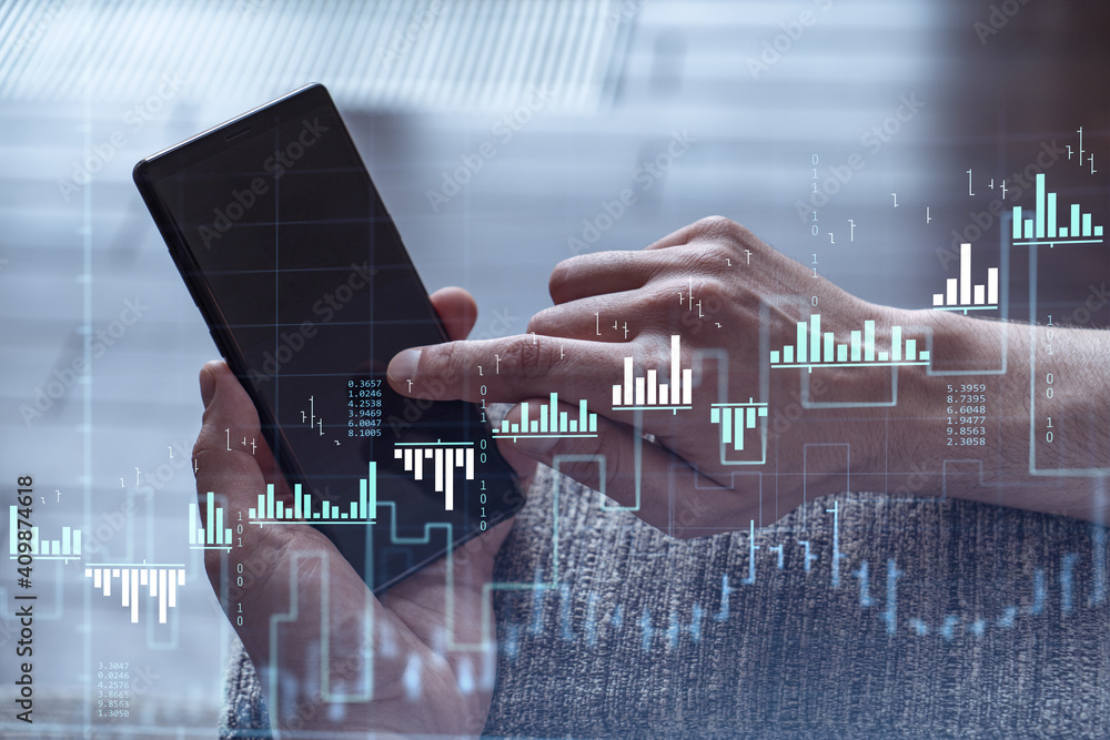 Poster trader holding in the hands a smart phone and researching stock market to proceed right investment s