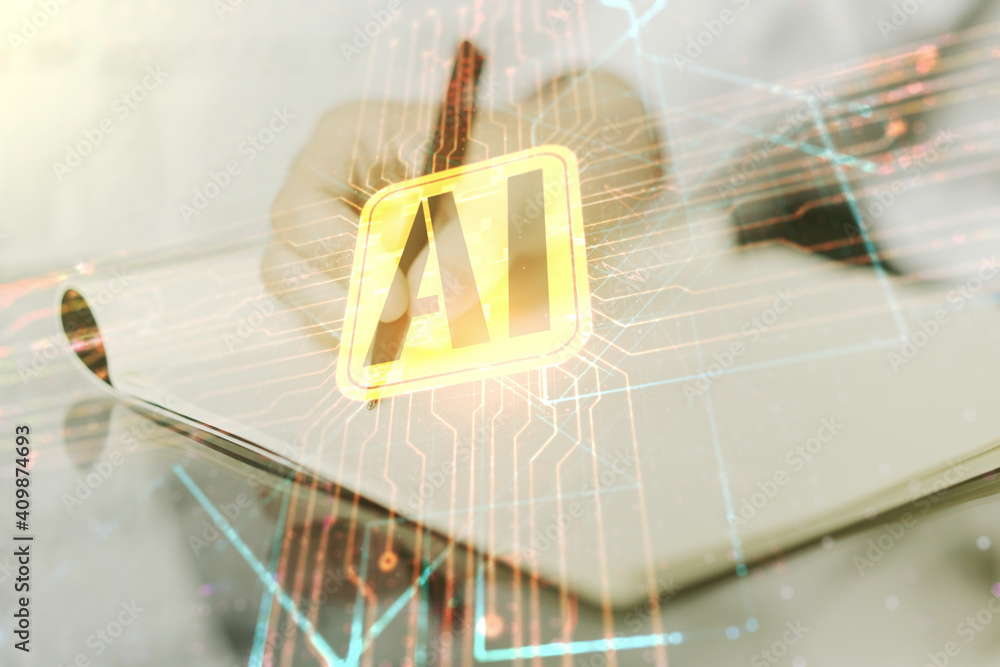 Poster double exposure of creative artificial intelligence icon with man hand writing in notebook on backgr
